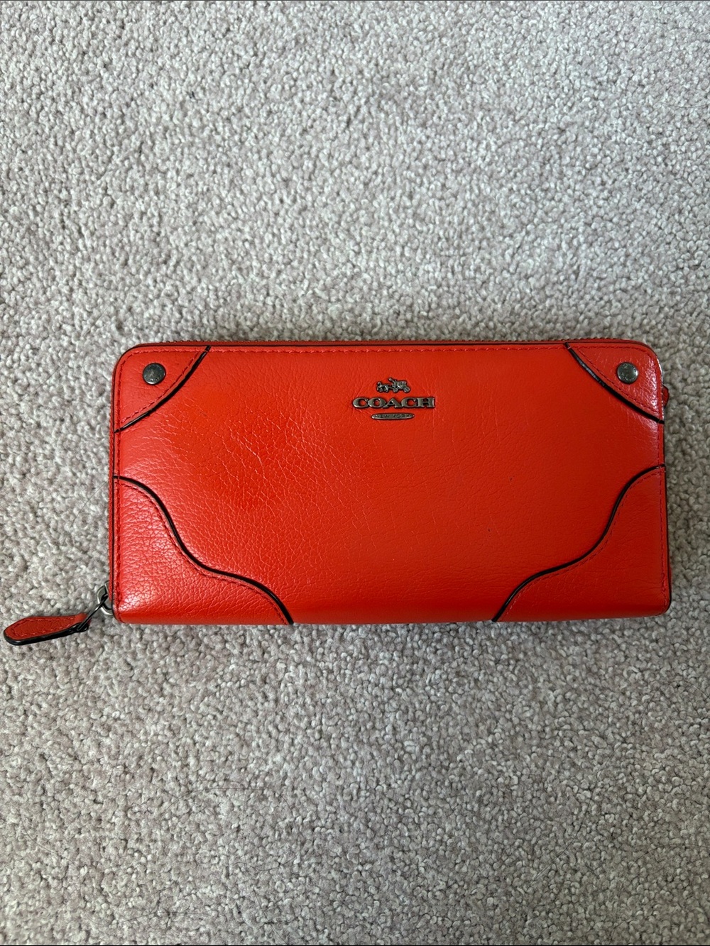 Coach Mickie Orange-Red Zip Around Leather Wallet